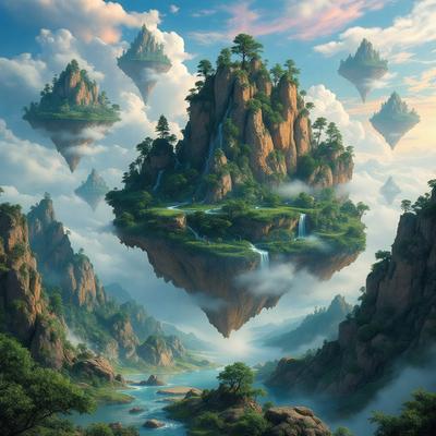 The primary subject of the image is a fantasy landscape featuring a large, floating island with a waterfall. The island is surrounded by a lush, green forest, and there are several smaller islands scattered throughout the scene. The visual style of the image is digital art, with a vibrant and colorful atmosphere. The dominant colors include shades of green, blue, and white, creating a sense of tranquility and wonder.